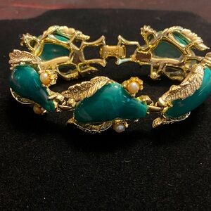 Vintage Coro Goldtone and Green Bracelet with faux Pearl accents